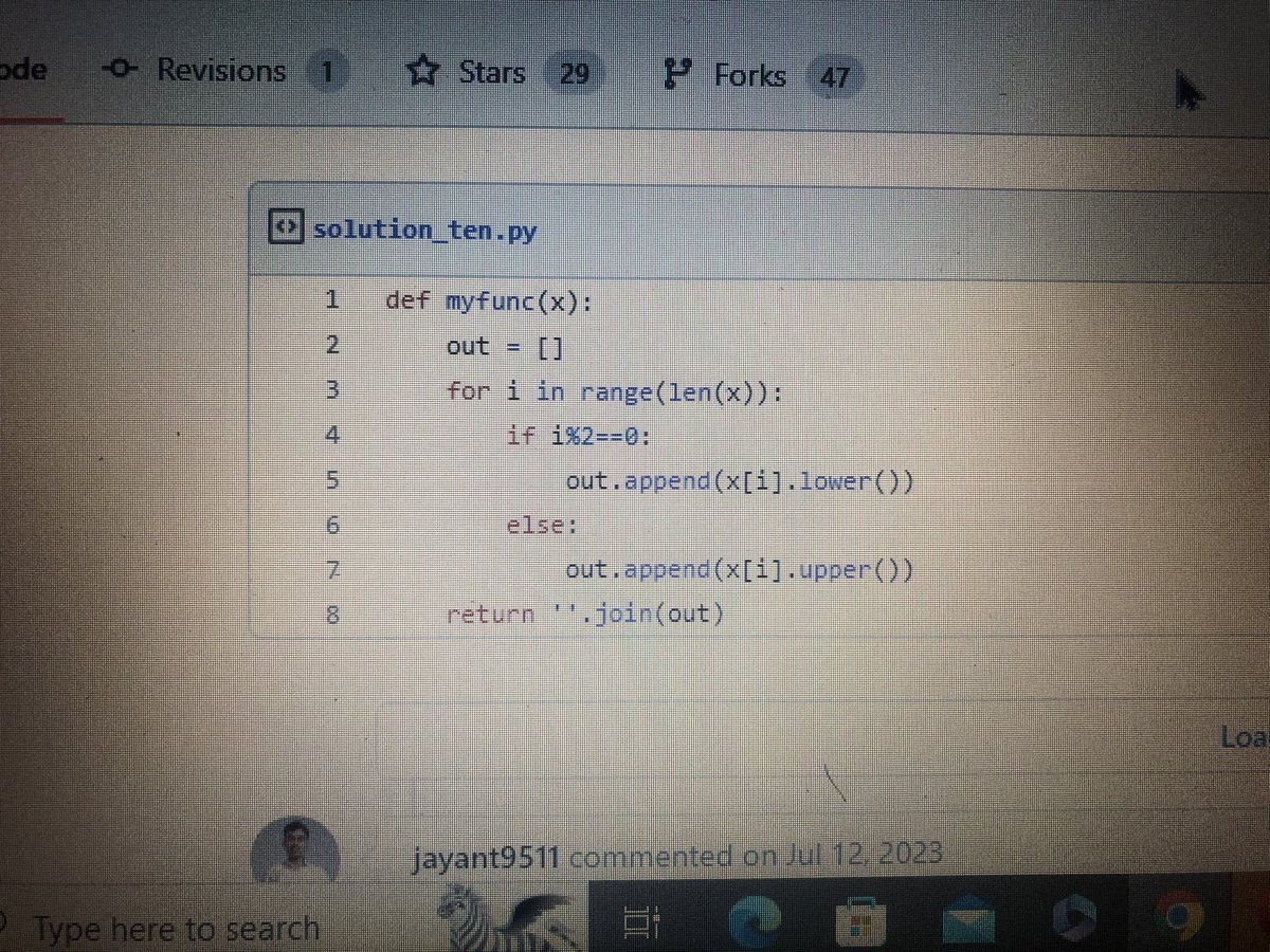 AsonyePraiz's tweet image. Python programmers here please I need a detailed explanation to this code .
It’s meant to return a string where d alphabet on the even number index is on lowercase and the odd on uppercase
#pythonprogrammimg #python #computerscience #coder #coding