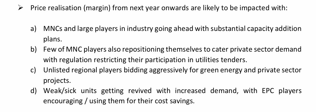 #Transformes are skilled labour products made to customer specification. In results while topline would increase due to the huge market size opportunity, i would focus on the EBIDTA margin which would be impacted by aggressive bidding. Also interest cost, small players to be