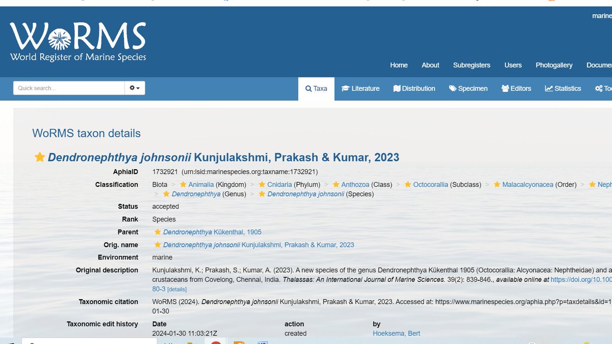 Delighted to see our new species got updated in the @WRMarineSpecies database.... Many thanks to the creator Bert Hoeksema for listing it..... @SathyabamaSIST @KKunjulakshmi @AmitKumar_ak14 #newspeciesofcoral #integrativetaxonomy #softcoral #Dendronephthya #MarineBiology #WORMS