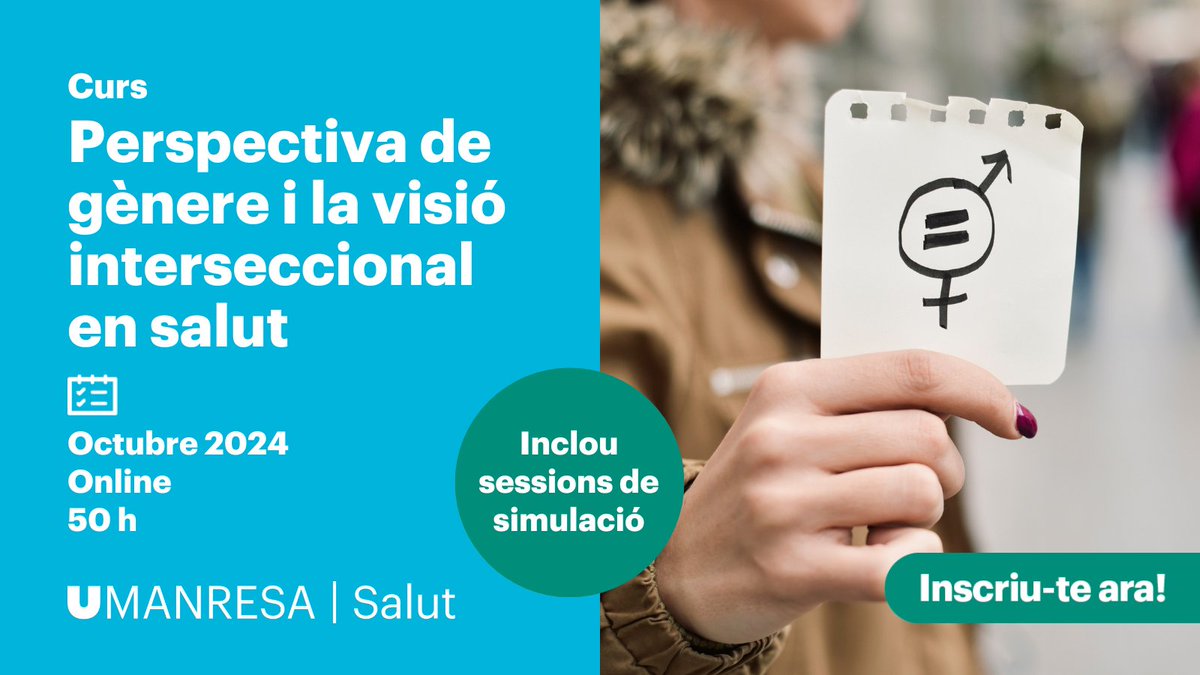 SALUT | Curs Perspectiva de gènere i la visió interseccional en salut

👤 Modalitat: online 
⏳ Durada: 50 h 
🗓️ Inici: 21 d'octubre de 2024

umanresa.cat/ca/estudis/cur…

#UManresa #genere #salut

@umanresafc
