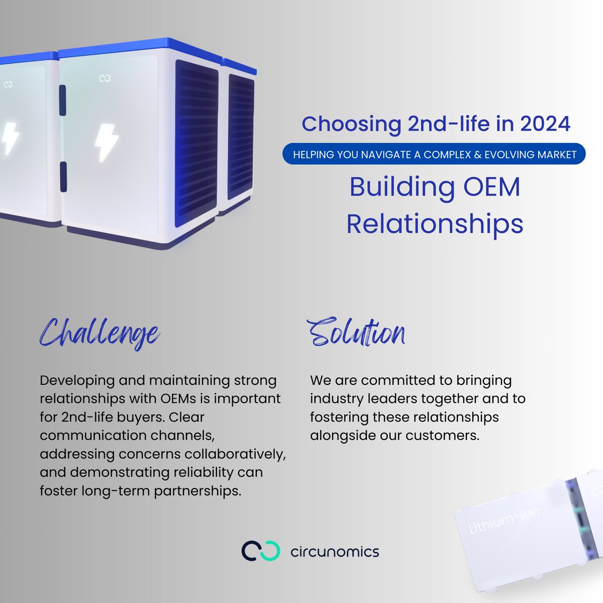 circunomics's tweet photo. The #energyindustry faces many challenges in #2024 as they transition towards 2nd-life battery usage.🔋We provide solutions through our innovative &amp; intelligent platform. 💥 Challenge #7: Building OEM Relationships

#circulareconomy #reuse#sustainability #energytransition https://t.co/PgkLZhBAKl