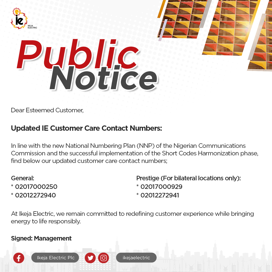 ieServe's tweet photo. Dear Esteemed Customer,  

Our Customer Care Contact Center Numbers have been updated in line with the new National Numbering Plan (NNP) of the Nigerian Communications Commissions.  

Please see details 👇 

#IECares https://t.co/stKdzyuNMa