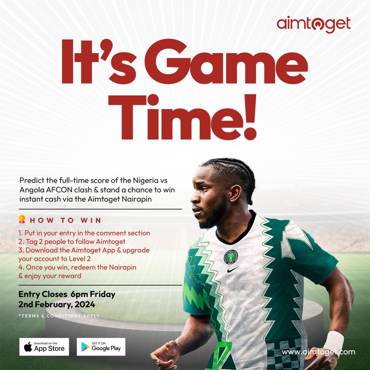 myaimtoget's tweet photo. Can the Super Eagles soar to victory?🦅🏆 

Predict the AFCON Quarter-Final score &amp; WIN BIG with Aimtoget! Drop your final score in the comments. 

⚠️kindly follow the instructions on How to Win

#SoarWithAimtoget #AFCONPredictandWin #football https://t.co/xUeBRhMuVA