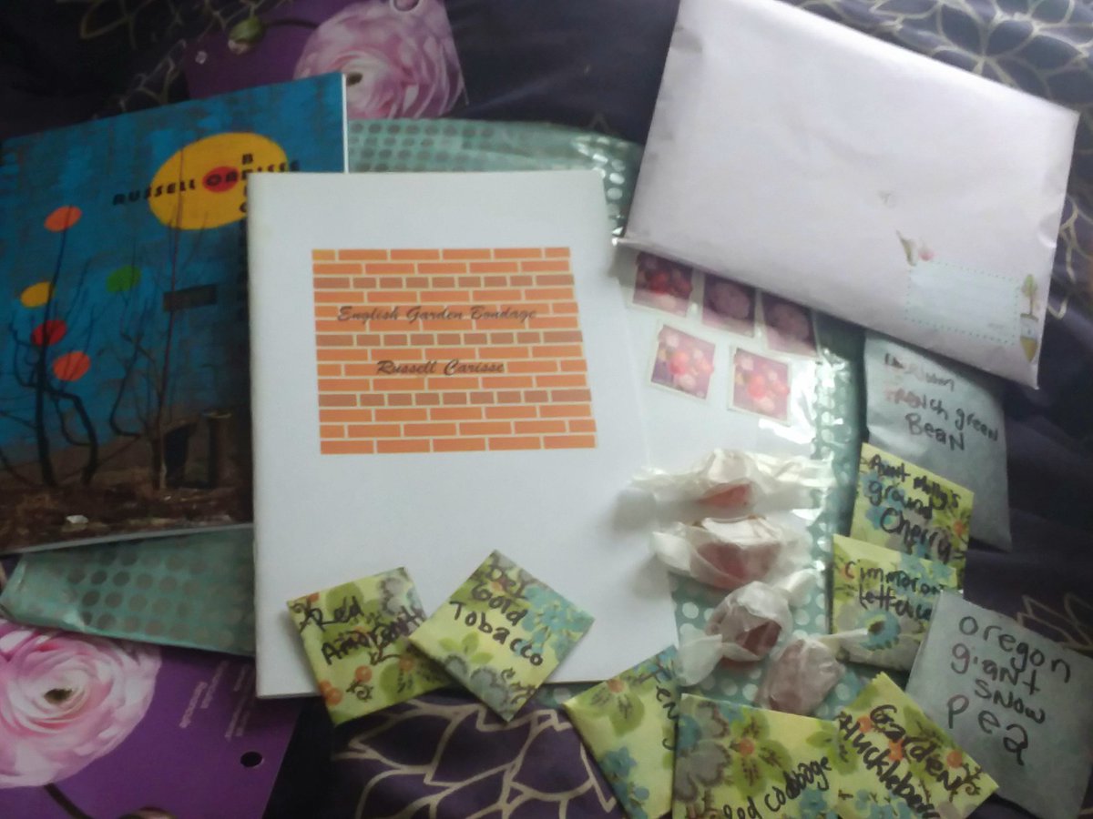 Sending out my partner Russell Carisse's Poetry Chapbooks BRICKWORKS(<a href="/FrogHollowPress/">Frog Hollow Press</a>)&amp;
English Garden Bondage(above/ground Press <a href="/robmclennanblog/">rob mclennan</a> has a great subscription&amp;value)

W/other goodies.
Open to other mail trades, art,books,seeds,sweets,currency

#BookSwap #Penpal #mail