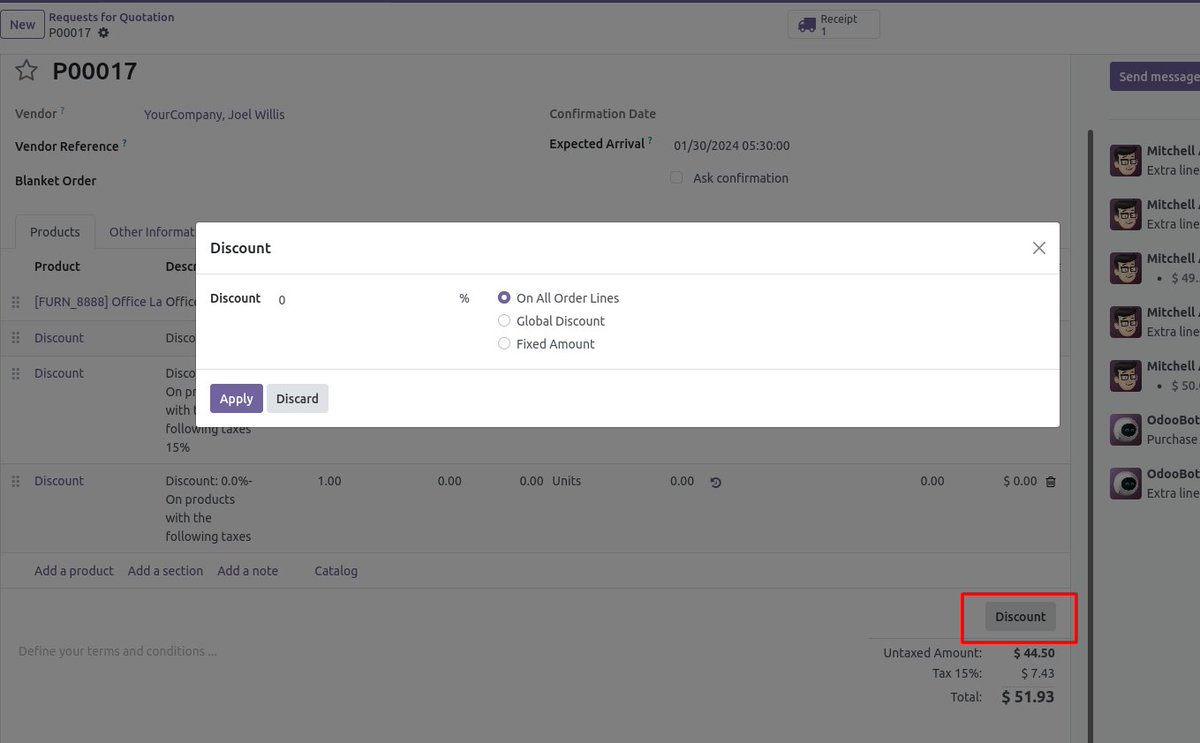 Swapnesh Shah (@sswapnesh) on Twitter photo #Odoo18 will allow to apply global Discount on Purchase orders. (Same as sale orders)
PR: github.com/odoo/odoo/pull… (Not merged yet) #Odoo18 will allow to apply global Discount on Purchase orders. (Same as sale orders)
PR: github.com/odoo/odoo/pull… (Not merged yet)