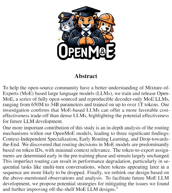 XueFz's tweet image. (1/5)🚀 Our OpenMoE Paper is out! 📄 Including:
🔍ALL Checkpoints
📊 In-depth MoE routing analysis
🤯Learning from mistakes & solutions
Three important findings:
(1) Context-Independent Specialization;
(2) Early Routing Learning;
(3) Drop-towards-the-End.
Paper Link:…