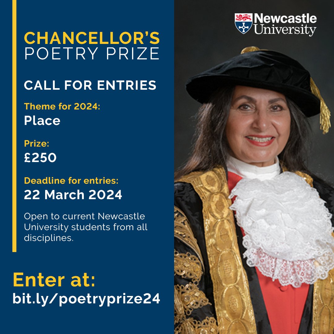 INSIGHTS Public Lectures | Newcastle University (@insightsncl) on Twitter photo 🚨There is just one week left to enter the Chancellor’s Poetry Prize
Open to all students <a href="/UniofNewcastle/">Newcastle University</a>
Submit your entry at bit.ly/poetryprize24
<a href="/Idharker/">Imtiaz Dharker</a> <a href="/NewcastleSU/">NUSU</a> <a href="/HaSSFacultyNCL/">Faculty of Humanities and Social Sciences</a> <a href="/NCLcreativearts/">CreativeArts@NCLUni</a> @NclUniMusic <a href="/NCL_English/">English at Newcastle</a> <a href="/BloodaxeBooks/">Bloodaxe Books</a> 🚨There is just one week left to enter the Chancellor’s Poetry Prize
Open to all students <a href="/UniofNewcastle/">Newcastle University</a>
Submit your entry at bit.ly/poetryprize24
<a href="/Idharker/">Imtiaz Dharker</a> <a href="/NewcastleSU/">NUSU</a> <a href="/HaSSFacultyNCL/">Faculty of Humanities and Social Sciences</a> <a href="/NCLcreativearts/">CreativeArts@NCLUni</a> @NclUniMusic <a href="/NCL_English/">English at Newcastle</a> <a href="/BloodaxeBooks/">Bloodaxe Books</a>