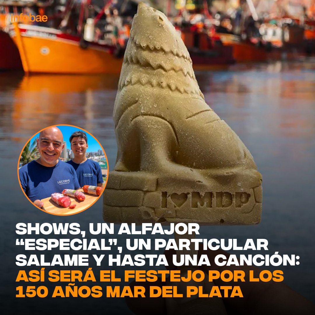 infobae's tweet photo. Shows, un alfajor “especial”, un particular salame y hasta una canción: así será el festejo por los 150 años Mar del Plata https://t.co/nysis8EgUN https://t.co/JxfjiJ2B1F