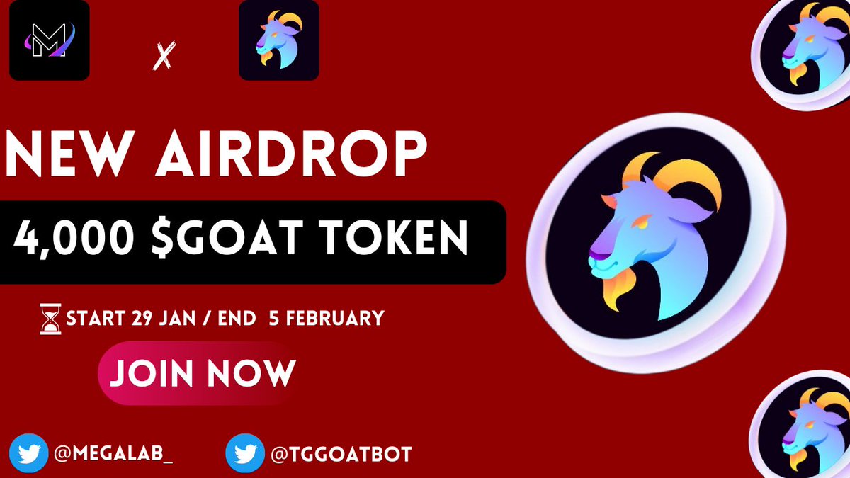 🎉GOAT BOT X Mega Lab #Airdrop 🎉 🎁 Prize Pool › 4,000 $GOAT Token ( #FCFS ) To Enter:- ✅ Follow @TGGOATBOT ✅ RT & Tag 3 Friends ✅ Complete #From ⤵️ docs.google.com/forms/d/e/1FAI…. ⌛ End 5 February. #Airdrop #Giveaway #Crypto #usdt #token #FCFS #MegaLab #GOATBOT