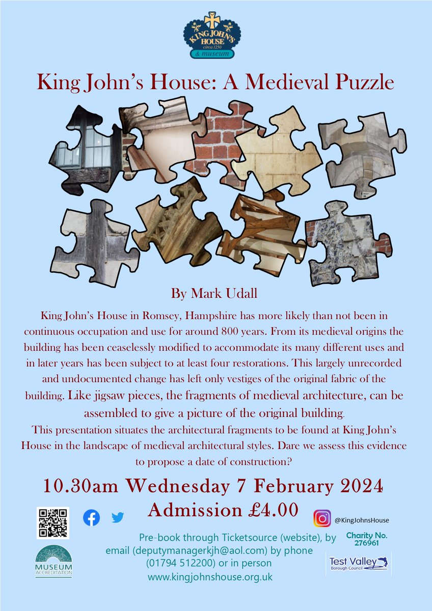 The vestiges of medieval masonry and timber at King John's House are like jigsaw pieces. How can we put these pieces together? What picture of the original medieval building do they make? Our first monthly talk of 2024. More #History, more #Heritage, @moreTestValley @Visit_Romsey