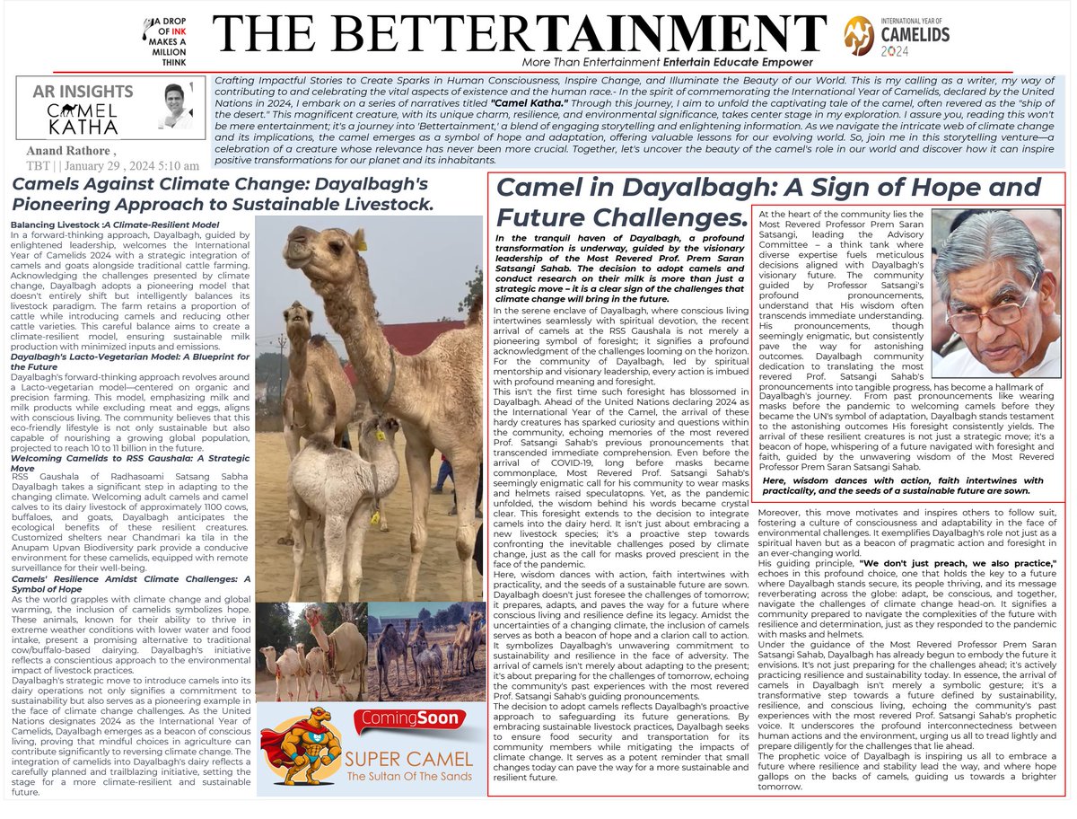 Unveil 2 compelling tales: Discover how Dayalbagh prepares for tomorrow by integrating camels and pioneering research. <a href="/UN/">United Nations</a> <a href="/FAO/">Food and Agriculture Organization</a> <a href="/TOIIndiaNews/">TOI India</a> <a href="/PMOIndia/">PMO India</a> <a href="/CMOfficeUP/">CM Office, GoUP</a> <a href="/Live_Hindustan/">Hindustan</a> #Dayalbaghwayoflife <a href="/GoogleIndia/">Google India</a> <a href="/TheGlobalGoals/">The Global Goals</a> <a href="/icarindia/">Indian Council of Agricultural Research.</a>