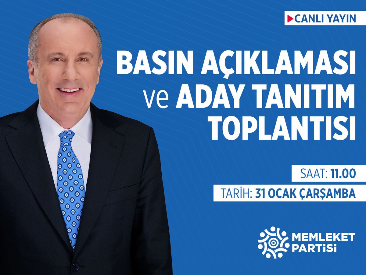Genel Başkanımız Muharrem İnce basın açıklaması düzenleyecektir. 

Basın açıklamasının ardından Büyükşehir, İl ve İlçe Belediye Başkan Adaylarımız açıklanacaktır.