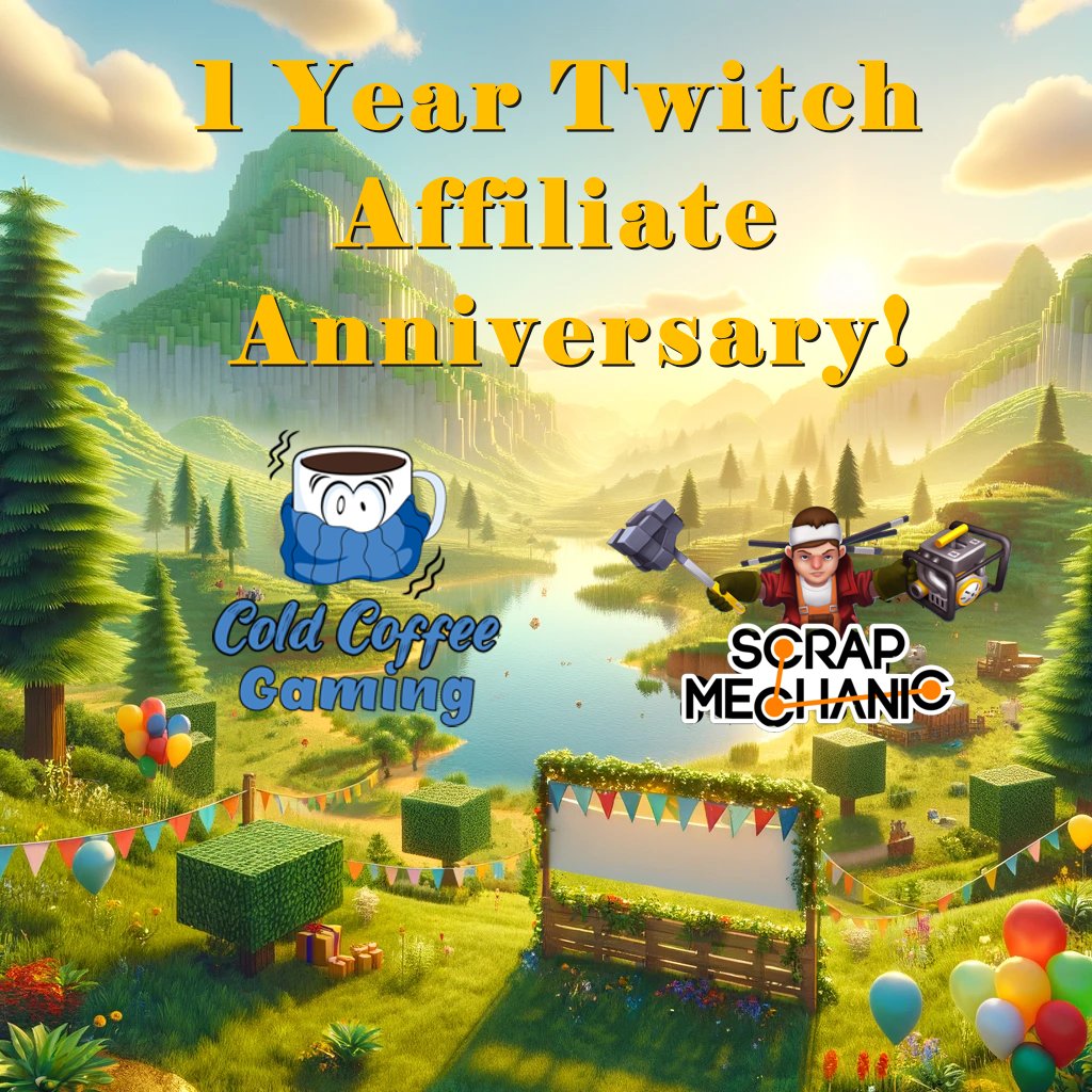🎉 1 Year as a Twitch Affiliate at #ColdCoffeeGaming! 🥳

Join ChwisKay &amp; Buzz for a special #ScrapMechanic Crashlander stream 🚀 Starting at 13.00h CET
Plus, viewer rewards! Enter our raffle for a mystery prize 🎁

Celebrate with us: twitch.tv/coldcoffeegami… #AnniversaryStream
