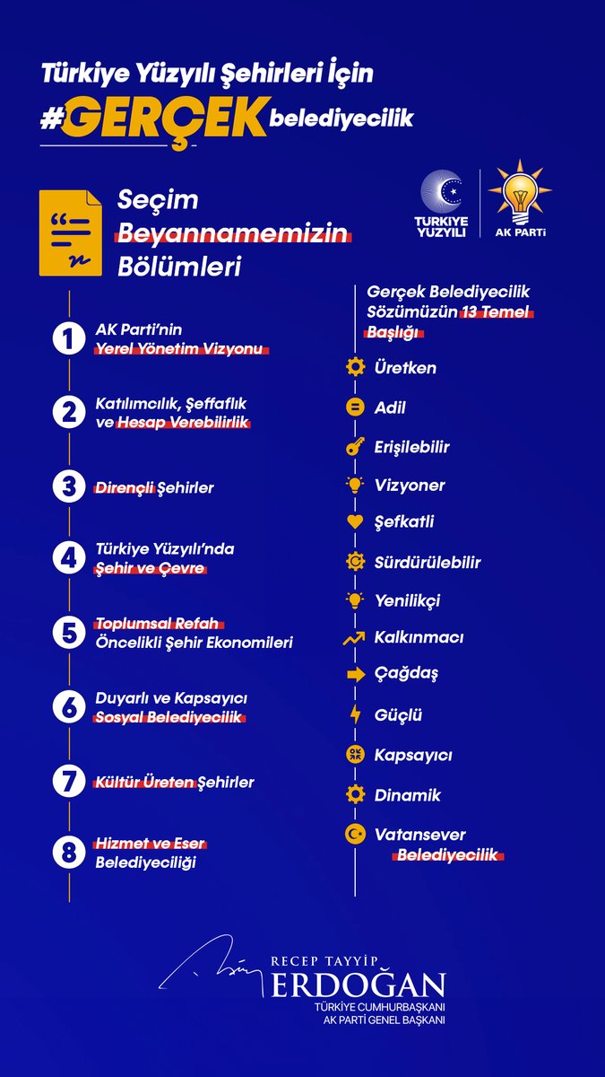 Türkiye Yüzyılı siyasetten ekonomiye, diplomasiden güvenliğe hayatımızın her alanı gibi şehirlerimizi de kapsıyor.

Bunun için seçim beyannamemizin başlığını Türkiye Yüzyılı Şehirleri İçin #GerçekBelediyecilik olarak belirledik.