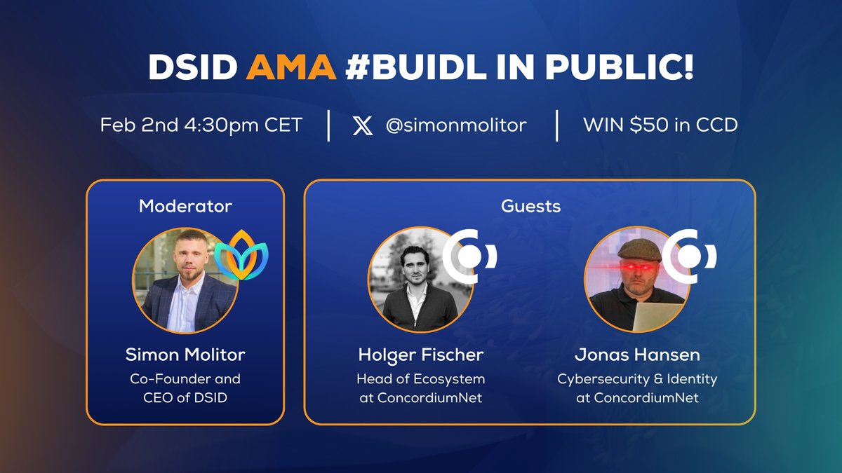 solanaidentity's tweet photo. 🎙️ AMA ANNOUNCEMENT! ✋🏼
🎧 The X Space #AMA with @concordium and @digitalsocialid
👉 Set a reminder & join https://t.co/s4txoEAilK
📖 Topics and agenda:
📌 Intro:
➡️ Our Journey so far and why we started with Concordium
📌 Exploring the Concordium Identity Wallet:
➡️ What is Web3 ID?
➡️ How are credentials stored? What standards are followed?
➡️ How can Verifiers verify Concordium identity data?
📌 How will DSID leverage Concordium Tech?
➡️ Credentials by Concordium 👉 DSID Data Vault
📌 Q&A
👨⚖️ Moderator:
@simonmolitor
🧔♂️ Guests:
@hchfischer, Head of Ecosystem at @concordium
@joveha, Cybersecurity & Identity at @concordium
⏰ Date: Feb 2nd, 4:30pm CET
🎁 Incentives: $50 Raffle amongst all space participants
🏆 To win the incentive:
1️⃣ Like & retweet
2️⃣ Follow
@digitalsocialid, @concordium, @simonmolitor
3️⃣ Comment your CCD address and tag two of your frens + we need to see your account attending the space 👀