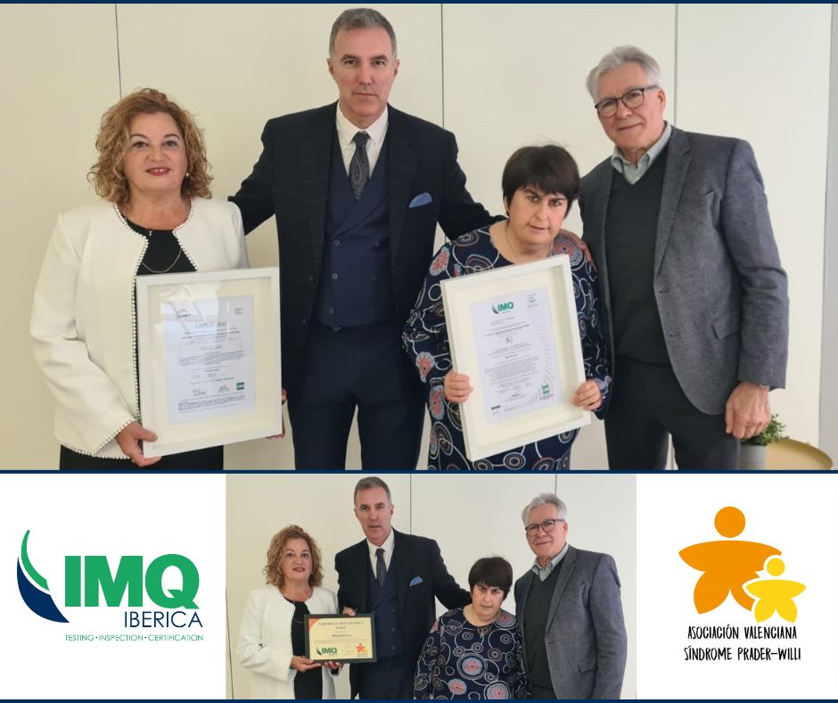 IMQIberica's tweet image. Alejandro García hizo entrega del certificado de #ISO9001 e #IQNet a la Asociación Valenciana para el Síndrome de Prader-Willi (AVSPW).
Esta asociación realiza actividades y servicios para la atención e integración de personas afectadas por este síndrome #TogetherTowardExcellence