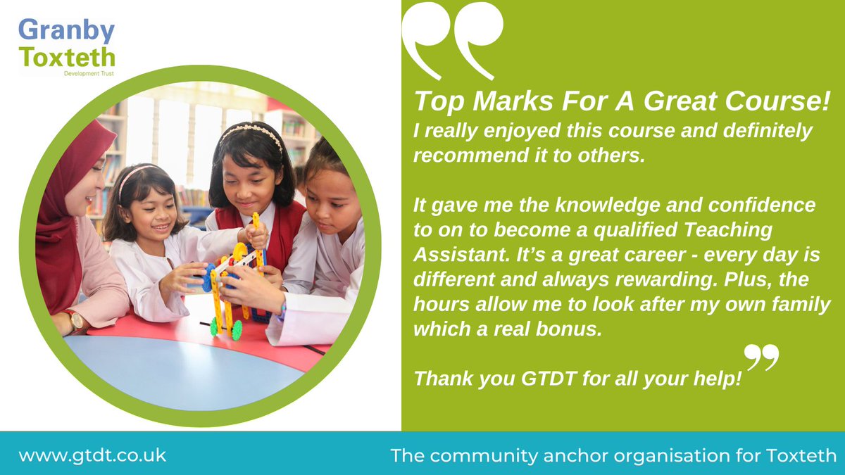 Last places! 
Starting next Tuesday, 6 Feb 1030am - 230pm, for 5 weeks. Would you like to work with children in a role which fits around your family? This course is the first step to being a Teaching Assistant - a hugely rewarding career. 
Register now at bit.ly/GTDT-Interest