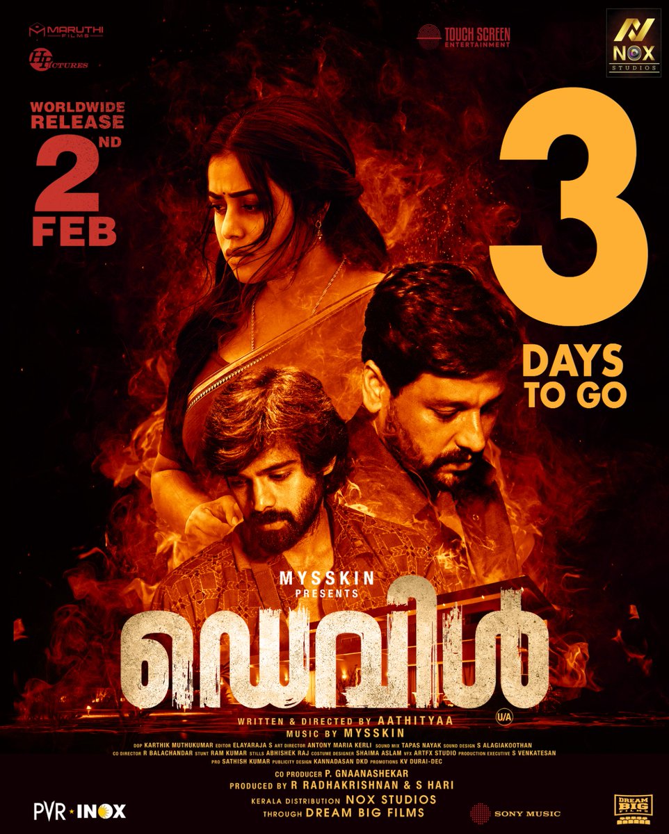 Noxstudiosindia's tweet photo. NOX STUDIOS Proudly Presents #Devil | Kerala Theatrical Release.. 3 Days to go 🔥🥳🎉
#DevilMovie Worldwide Releasing on February 2nd
#Mysskin @DirectorMysskin @Aathityaa3 @shamna_kkasim @vidaarth_actor @Thrigun_Aactor 
@SonyMusicSouth @Noxstudiosindia @TrackMusics https://t.co/cAOg6pkh1B