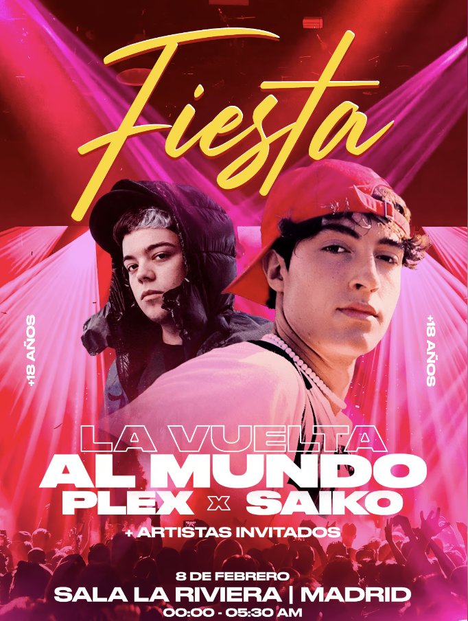 🎟️ Consigue entradas de reventa para la fiesta de Plex x Saiko el 8 de febrero en la Sala La Riviera en Madrid

🎫La única plataforma de reventa de entradas oficial, segura y legal en España.

⭐️ Vende tu entrada si no puedes acudir a un evento

⭐️ Compra tu entrada de forma