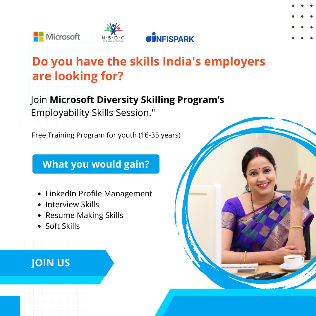 SkillingProgram's tweet photo. Ready to stand out to India's employers?
Join the Microsoft Diversity Skilling Program’s Employability Skills Session and equip yourself with the in-demand skills they are seeking!
#CareerReadiness #Microsoft #MDSP #MicrosoftIndia #MDSP 

@MicrosoftIndia @NSDCINDIA @InfiSpark https://t.co/GaMsk32rcB
