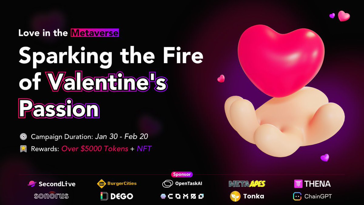 💘 Love is about to hit the Metaverse! Buckle up for a Valentine's Day extravaganza with our fab 9 partners. Get ready for a whirlwind of fun, rewards worth over $5000 Tokens + snazzy NFTs, and a whole lot of digital romance!

⏰ Save the date: January 30th - February 20th

🤑