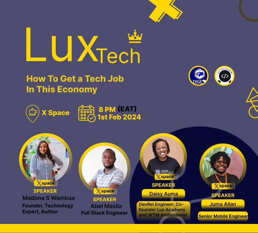 What are you up to this Thursday?🤔
How about unlocking the secrets to landing  tech job in today's economy?Join us at 8PM for valuable insights. Let's navigate job market together with <a href="/HarunMbaabu/">GrayHat Mwenda</a> <a href="/abel_masila/">shadowstack</a>
<a href="/_jumaallan/">Juma Allan</a> <a href="/madona_wambua/">Madona S. Wambua</a> <a href="/daisyfaithauma/">Daisy Faith Auma 🇰🇪🇬🇧</a> 

x.com/i/spaces/1mrxm…