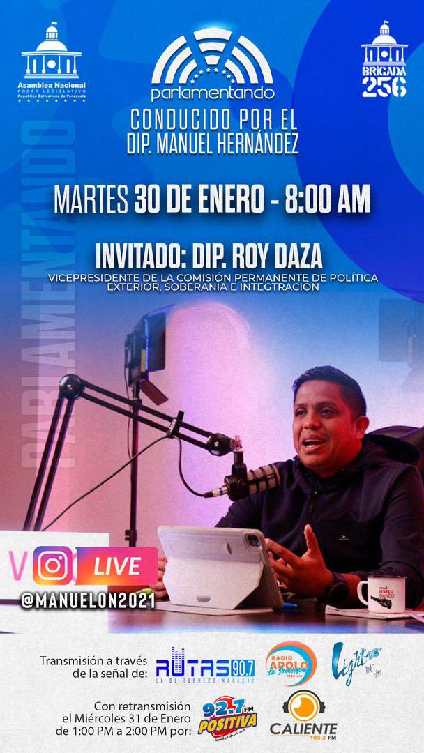 Manueljuventud2's tweet photo. #30Ene Ya casi comenzamos con nuestro programa #Parlamentando trasmitido por la señal de @RutasFM y mis redes sociales. Hoy tenemos como invitado al compañero diputado @RoyDazaPsuv, 2do. Vicepresidente de la Comisión de Política Exterior, Soberanía e Integración de la @Asamblea_Ven #7TFórmulaVictoriosa