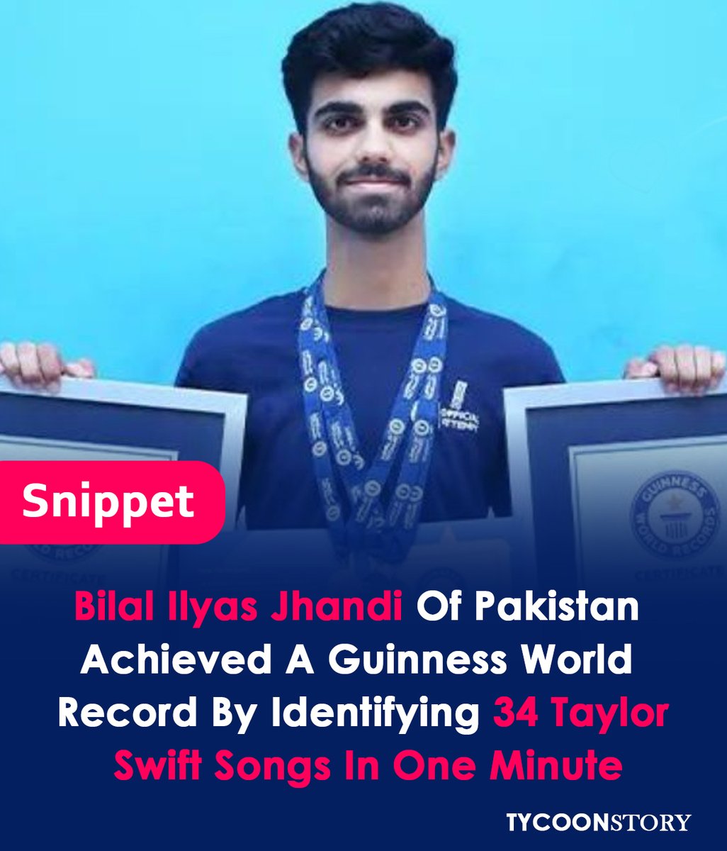 TycoonStoryCo's tweet photo. A 20-year-old Pakistani Breaks The Guinness World Record For The Fastest Time To Identify Taylor Swift Songs.
#GuinnessSwiftRecord #TaylorSwiftMastermind
#RecordBreaking #20YearOld #SwiftieProdigy
#SwiftieWorldRecord #SwiftieSavant #Guinness
https://t.co/jWxtt2hmAw https://t.co/6lDTKUdozB