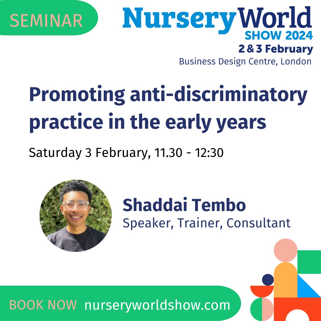 🌍 Champion anti-discriminatory practice in early years education! 🕦 Saturday, 3rd February, 11:30 - 12:30 🤝 'Promoting Anti-Discriminatory Practice in the Early Years' 👩‍🏫 @CriticalEYears , Speaker, Trainer, Consultant BOOK NOW at nurseryworldshow.com