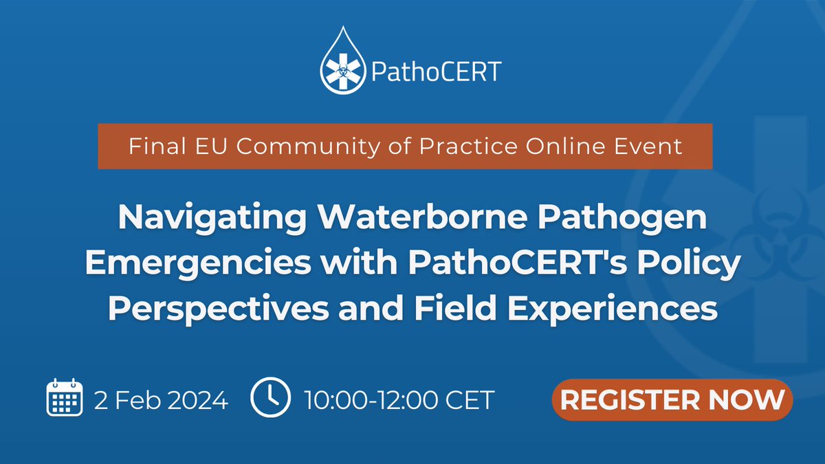 PathoCERT (@pathocert) on Twitter photo 🔔FINAL CALL🔔
Register now for the <a href="/pathoCERT/">PathoCERT</a> Final #EU CoP event on #Policy Perspectives and Field Experiences on February 2 featuring <a href="/watermining/">WATER-MINING H2020</a> & <a href="/ULTIMATEWaterEU/">ULTIMATE Water EU</a> insights.
🗓Feb. 2/10:00 to 12:00
Agenda: buff.ly/425w6Pv
REGISTER NOW: buff.ly/498lAdf 🔔FINAL CALL🔔
Register now for the <a href="/pathoCERT/">PathoCERT</a> Final #EU CoP event on #Policy Perspectives and Field Experiences on February 2 featuring <a href="/watermining/">WATER-MINING H2020</a> & <a href="/ULTIMATEWaterEU/">ULTIMATE Water EU</a> insights.
🗓Feb. 2/10:00 to 12:00
Agenda: buff.ly/425w6Pv
REGISTER NOW: buff.ly/498lAdf