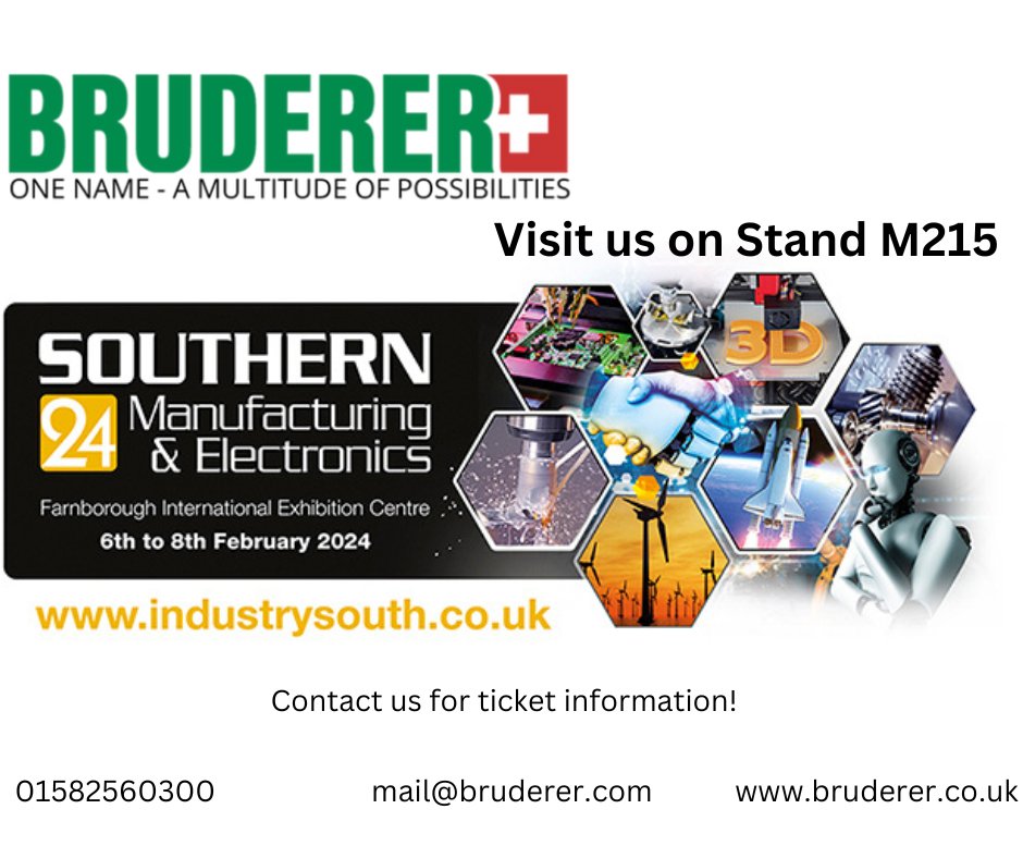 BrudererUK's tweet photo. A WEEK TO GO UNTIL SOUTHERN MANUFACTURING AND ELECTRONICS 2024! At the Farnborough International Exhibition Centre from the 6-8 February, we're there exhibiting our portfolio. Contact us at mail@bruderer.com for ticket information.

#Bruderer #Southernmanufacturingandelectronics https://t.co/EIWP1qHa1J