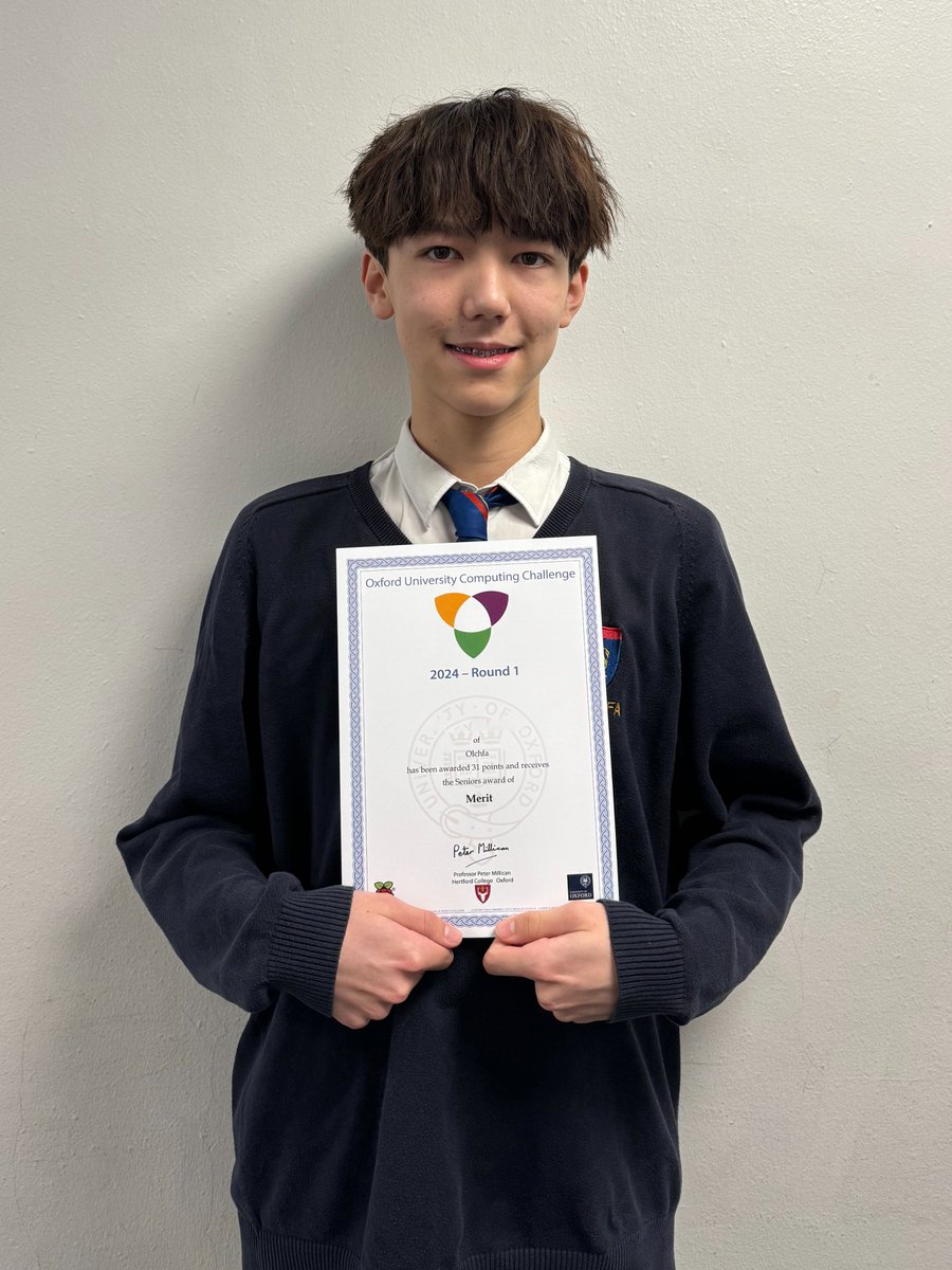 Well done to all of our pupils who took part in the Oxford University Computing Challenge. A special well done to Kevin, who was awarded a Merit! 👏 All pupils who qualified for the OUCC came in the top 10% of the UK. 🧮👏💻🖱️ @bebrasuk @Olchfaschool