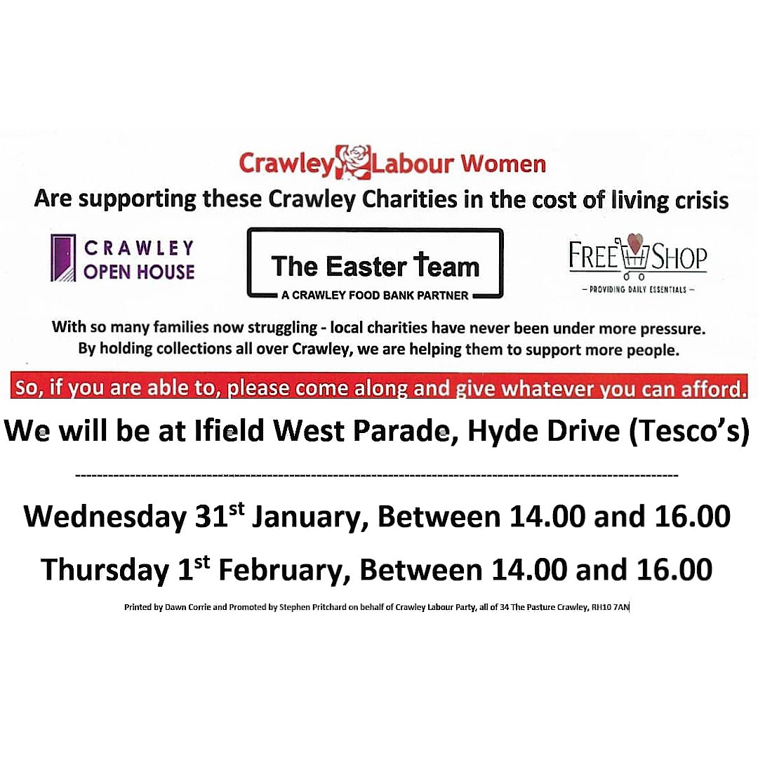 Crawley Labour Women's are collecting tomorrow and Thursday at Ifield West Parade (Hyde Drive Tesco). Please visit the Food Bank Collection Crawley Labour Women (CLW Food Bank) page for more info. please support the Easter Team food bank, <a href="/CrawleyOpenHse/">Crawley Open House</a>, and <a href="/CrawleyFree/">Free Shop Crawley</a>