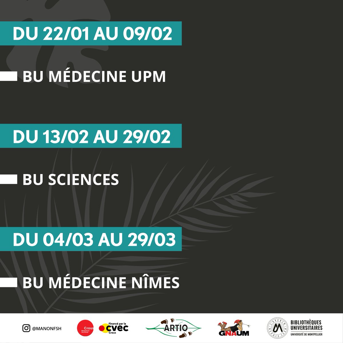 assognaum's tweet photo. 📣Nous  sommes heureux de vous inviter à l’exposition photographique «  Immersion tropicale, la faune guyanaise à travers l’objectif » de Manon Fischer à la BU de la faculté des Sciences, du  13/02 au 29/02 !

Affiche réalisée par le Service Commun de documentation de l’UM. https://t.co/j9KNZYkbSR