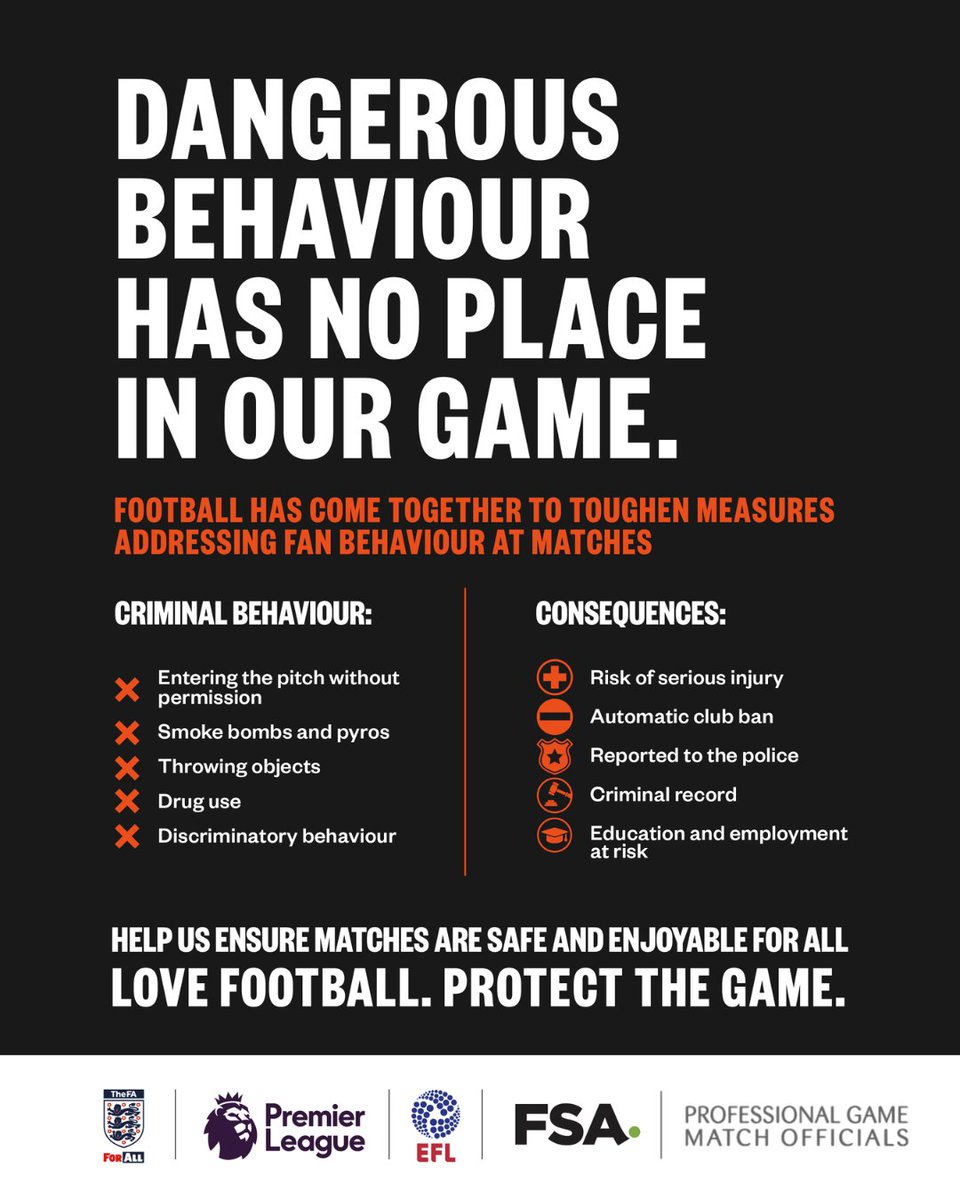 Statement on behalf of @FA, @premierleague, @EFL, @TheVanaramaNL, @FA_PGMOL, @WeAreTheFSA and the UK Football Policing Unit regarding fan behaviour 👉 preml.ge/o8ujon3k