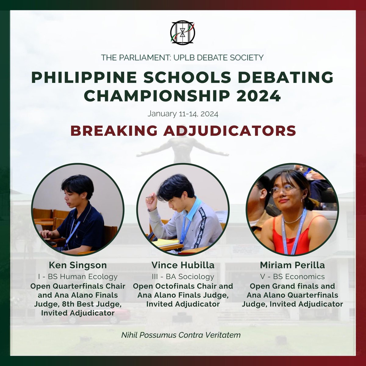 uplb_debate's tweet photo. The Parliament expresses its appreciation to its resident members for their successful judging performances at the Philippine Schools Debating Championship (PSDC) 2024 last January 11-14! 📣 https://t.co/SAYTF3NUGJ