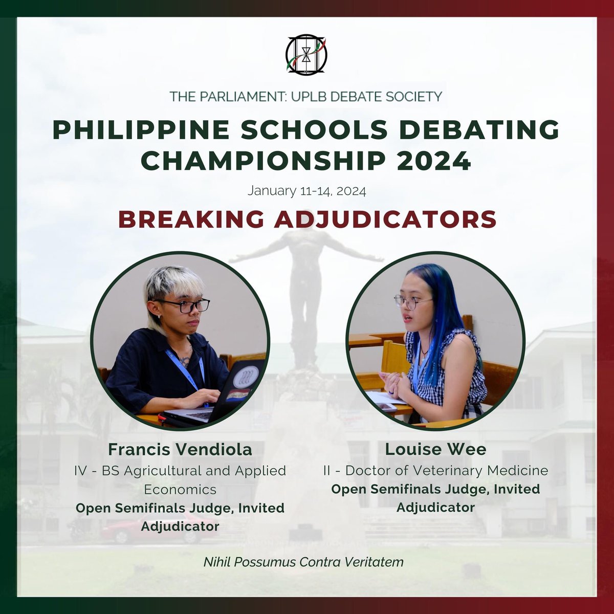uplb_debate's tweet photo. The Parliament expresses its appreciation to its resident members for their successful judging performances at the Philippine Schools Debating Championship (PSDC) 2024 last January 11-14! 📣 https://t.co/SAYTF3NUGJ