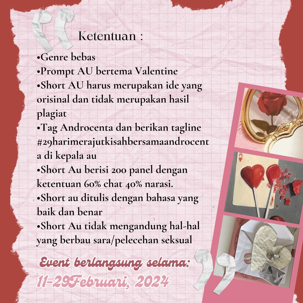 androcenta's tweet photo. Sneak Peek event menulis au bersama Androcenta 🤭 Ayo join! Minda kasih kesempatan kalian buat prompt nya mulai dari sekarang, biar nanti pas tanggal 1 Februari kalian bisa join and no worry lagi dengan karya kalian 🤍😆

Oh, ya any questions bisa tanya langsung di bawah, ya.. https://t.co/AyYWclASH7