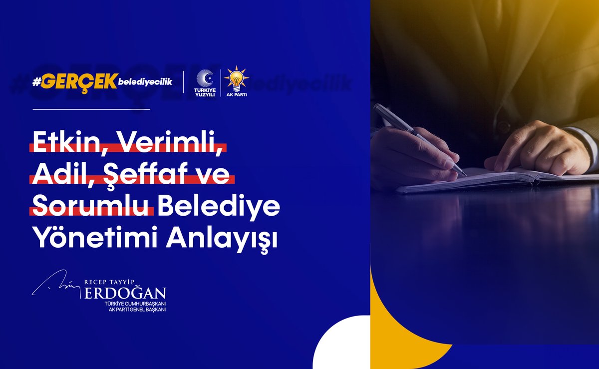 Etkin, verimli, adil, şeffaf ve sorumlu belediye yönetimi anlayışımızdan taviz vermeyeceğiz. Katılımcılığa, kaliteli hizmet üretimine ve vatandaş memnuniyetine odaklanan yönetimlerle belediyelerimizi geleceğe hazırlayacağız. #GerçekBelediyecilik