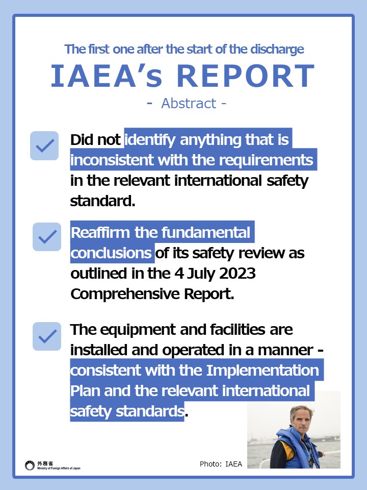 MofaJapan_en's tweet photo. #LetTheScienceTalk
The IAEA published a report on its first review mission (in October 2023) after the start of the discharge of #ALPSTreatedWater into the sea.
👉https://t.co/o9oeMAIPL4 https://t.co/8e2BaSQJQ8