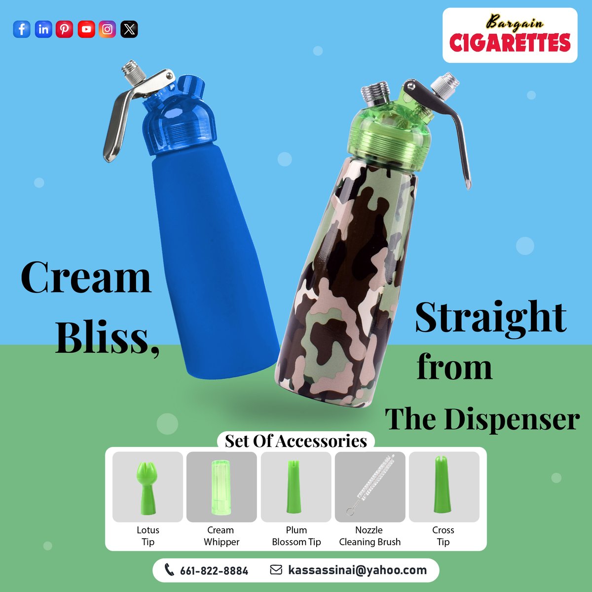 Transform your desserts from ordinary to extraordinary! Our cream dispensers add that perfect, fluffy finish for an unforgettable indulgence.

#vapestoremanado  #locationalert #smokeshop  #hookahlifestyle #creamdispenser #creamdispensers  #accessorieslovers #bargaincigarettes