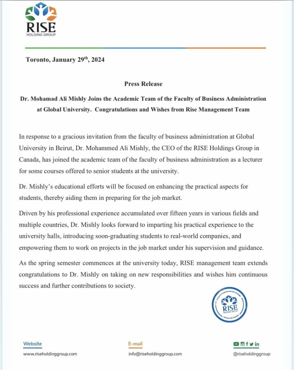 Press Release : Dr. Mohammad Ali Mishly Joins the Academic Team of the Faculty of Business Administration at Global University. 
Congratulations and Wishes from Rise Management Team