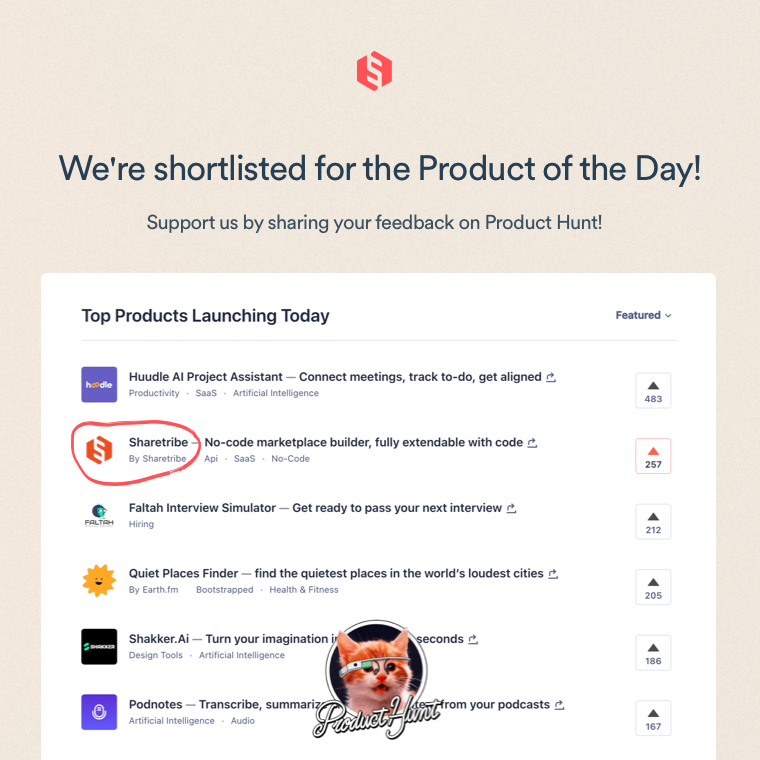 sharetribe's tweet photo. Exciting news! 🎉 Sharetribe is shortlisted on Product Hunt for the product of the day: https://t.co/lT6hiUDAwY

Your support can make a big difference. 

So if you haven’t already, visit our Product Hunt page, share your feedback, and help us keep the momentum going! https://t.co/sxa9WSPnaK