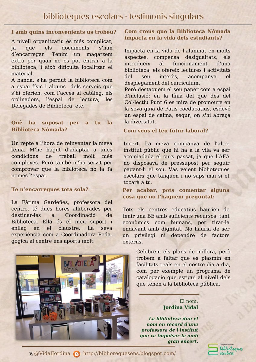 📢📰Us presentem la #reBEca , el monogràfic que entrevista i dóna veu a les professionals de la  #bibliotecaEscolar que, malgrat la precarietat, segueixen endavant!💪🏼
 La primera entrega ens presenta la #BibliotecaNòmada de la <a href="/VidalJordina/">Biblioteca Jordina Vidal</a> , de l'institut <a href="/lluisrequesens/">Institut Lluís de Requesens</a> ✊🏼❤️‍🔥