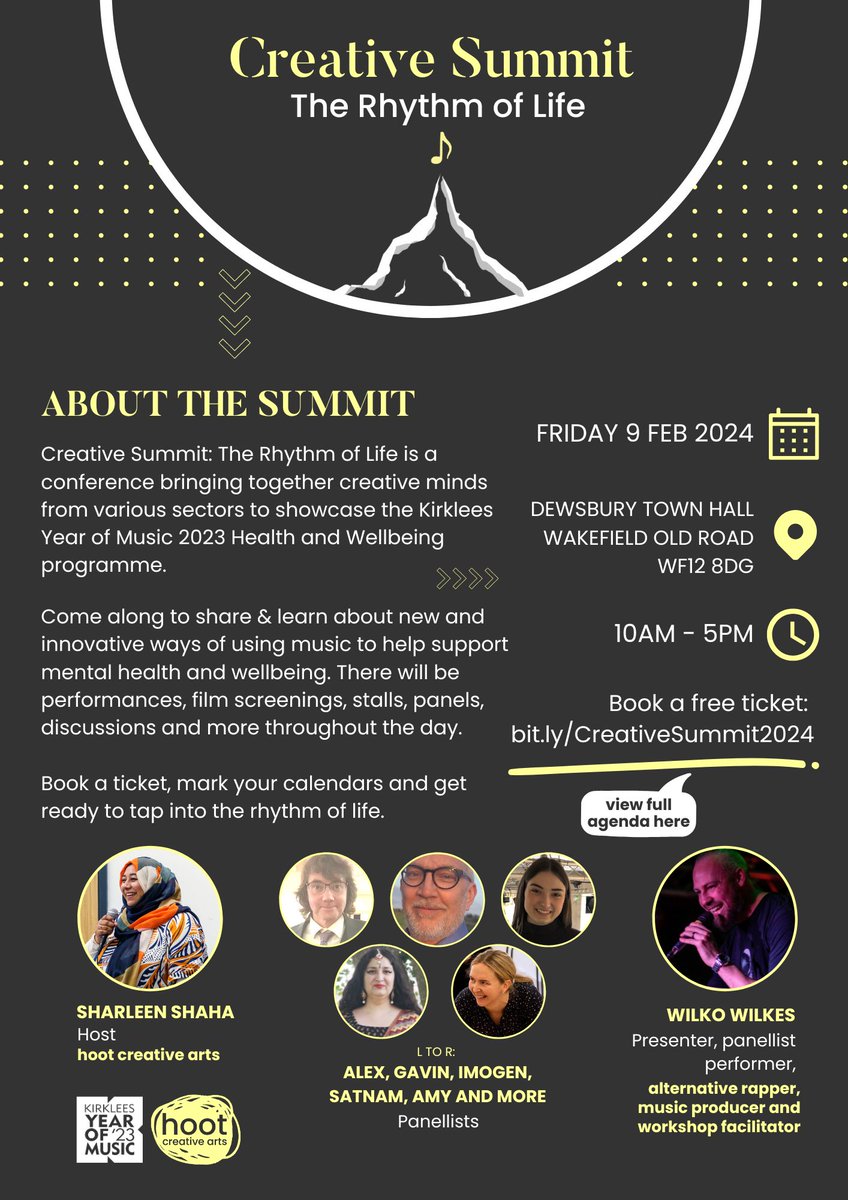 HootMusic's tweet photo. Who's excited for the Creative Summit: The Rhythm of Life conference? @musicinkirklees 

Packed with an amazing line-up, see below.

Book a free ticket: https://t.co/5wE9JEailF 

@WilkoWilkes @satnamvocalist @TSLVolunteering @darkhorse_uk @KirkleesCouncil https://t.co/RzWyh8TU9I