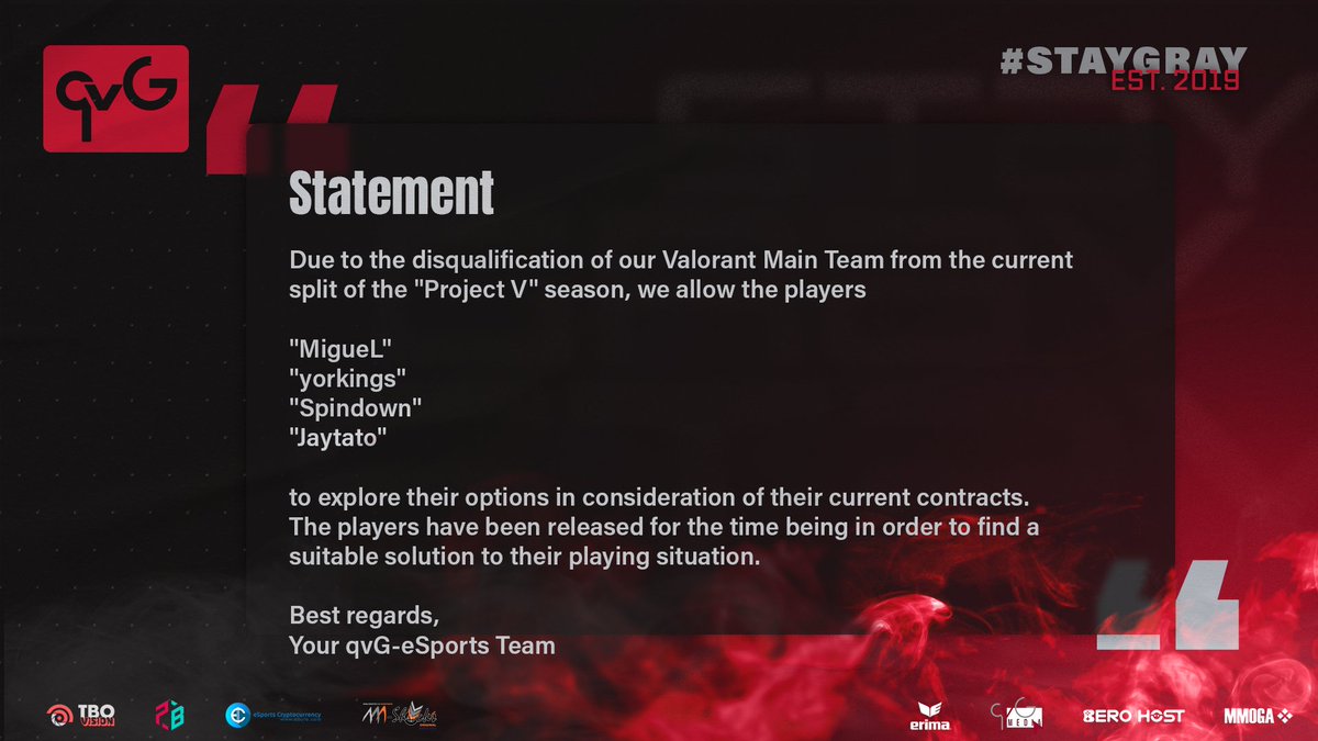 🚨 Update 🚨

Regarding our disqualification from <a href="/projectvgg/">PROJECT V</a> we´ve decided to take further actions effective immediately!

There´s no bad blood between the org and the team as the situation was discussed internally. 

#staygray