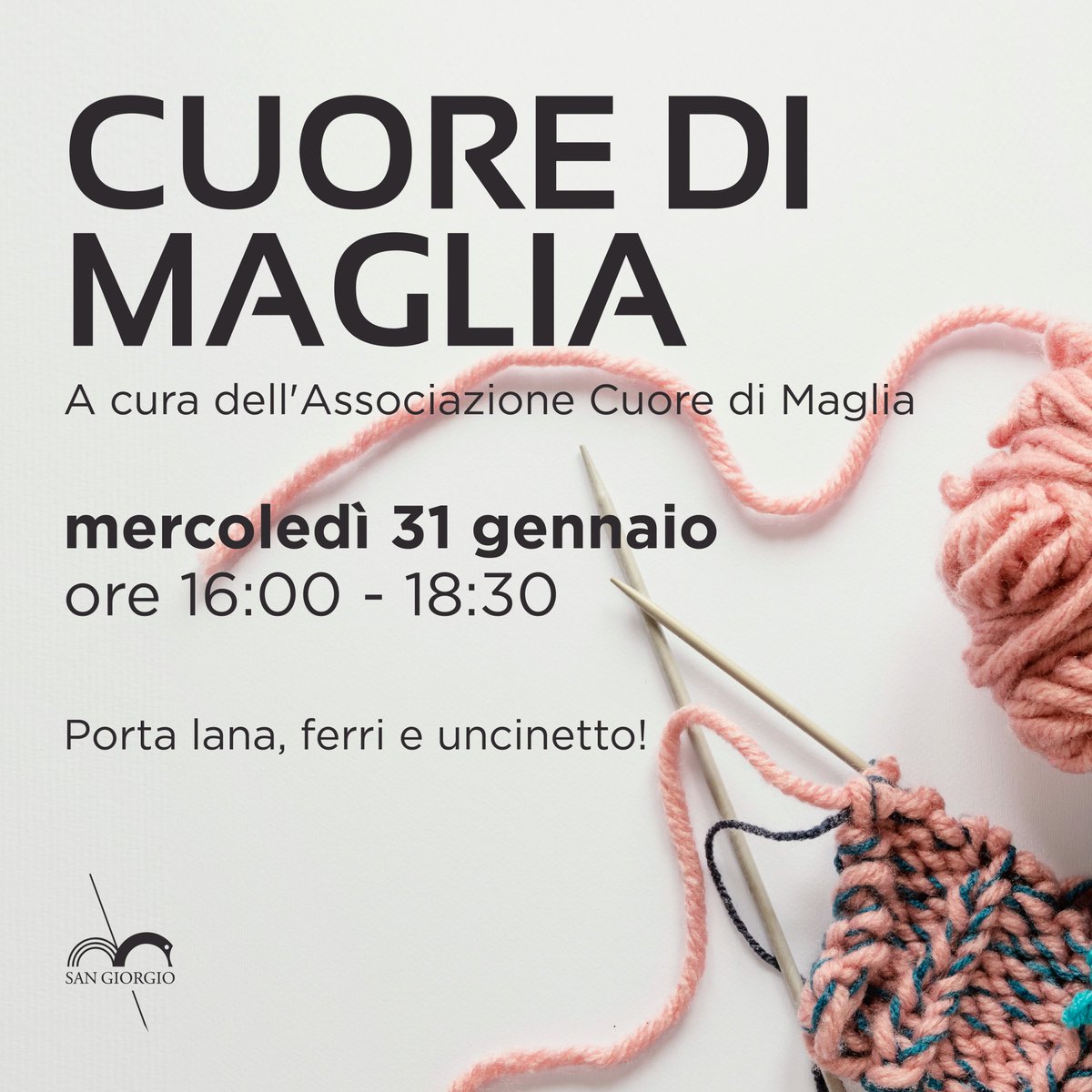 Mercoledì 31 gennaio alle ore 16, l'associazione Cuore di Maglia, terrà un incontro di presentazione aperto a tutti per conoscere l'associazione e nell'occasione lavorare a maglia in compagnia. Porta lana, ferri e uncinetto!