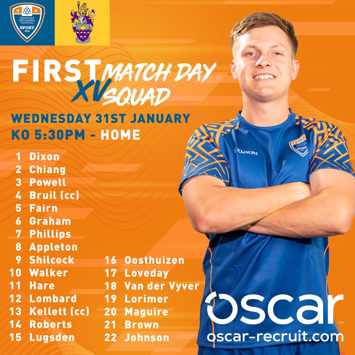 MMURUGBY's tweet photo. Team News

Here’s your 1st XV to take on the other Manchester University (purple side).

It promises to be a full crowd as the No.1 ranked North West Rugby Uni look to take local bragging rights….

The game is live here: https://t.co/nReU18EpqI https://t.co/GGk0OxVxmF