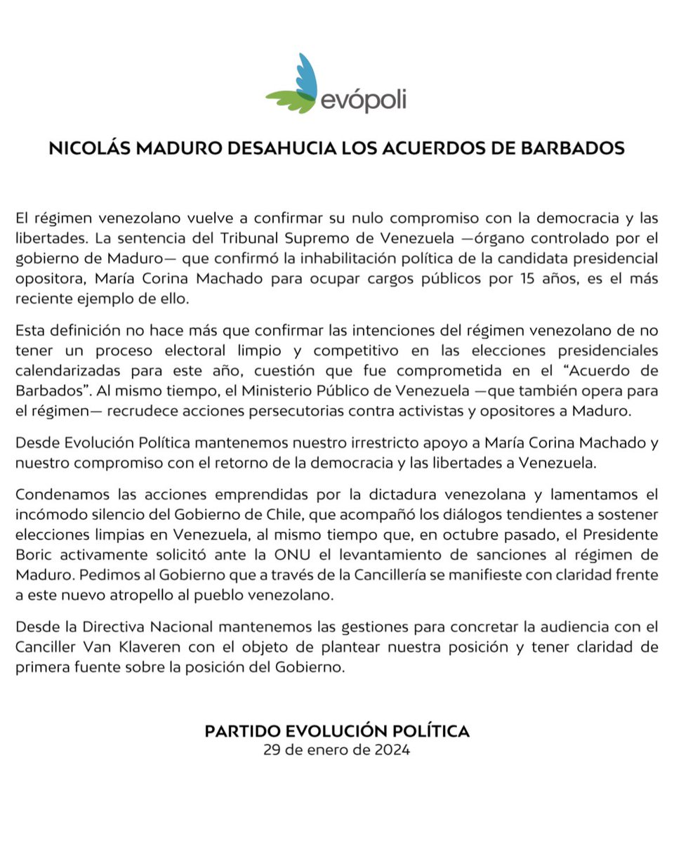🇻🇪 Frente a la nueva arremetida de la dictadura venezolana en contra de la libertad y la democracia en ese país, inhabilitando a la candidata presidencial <a href="/MariaCorinaYA/">María Corina Machado</a>, nuestro partido declara: