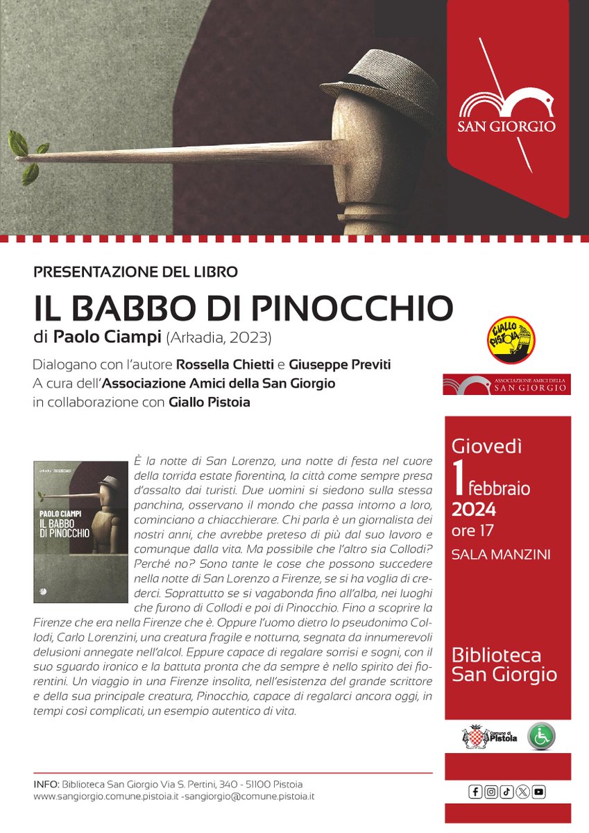 Giovedì 1 febbraio, presentazione del libro Il babbo di Pinocchio di Paolo Ciampi (Arkadia, 2023). Dialogano con l’autore Rossella Chietti e Giuseppe Previti, a cura della associazione Amici della San Giorgio Associazione, in collaborazione con Giallo Pistoia